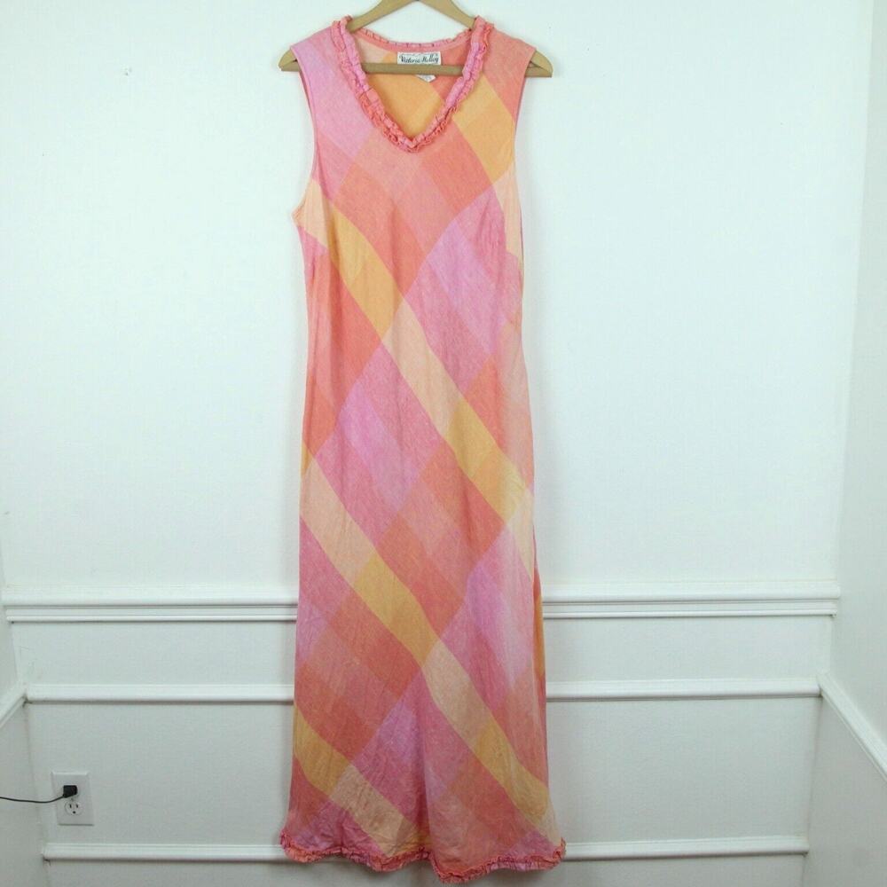 Vintage 90s Linen Maxi Dress Pastel Pink Plaid Country Club Preppy Bias 16 FLAW